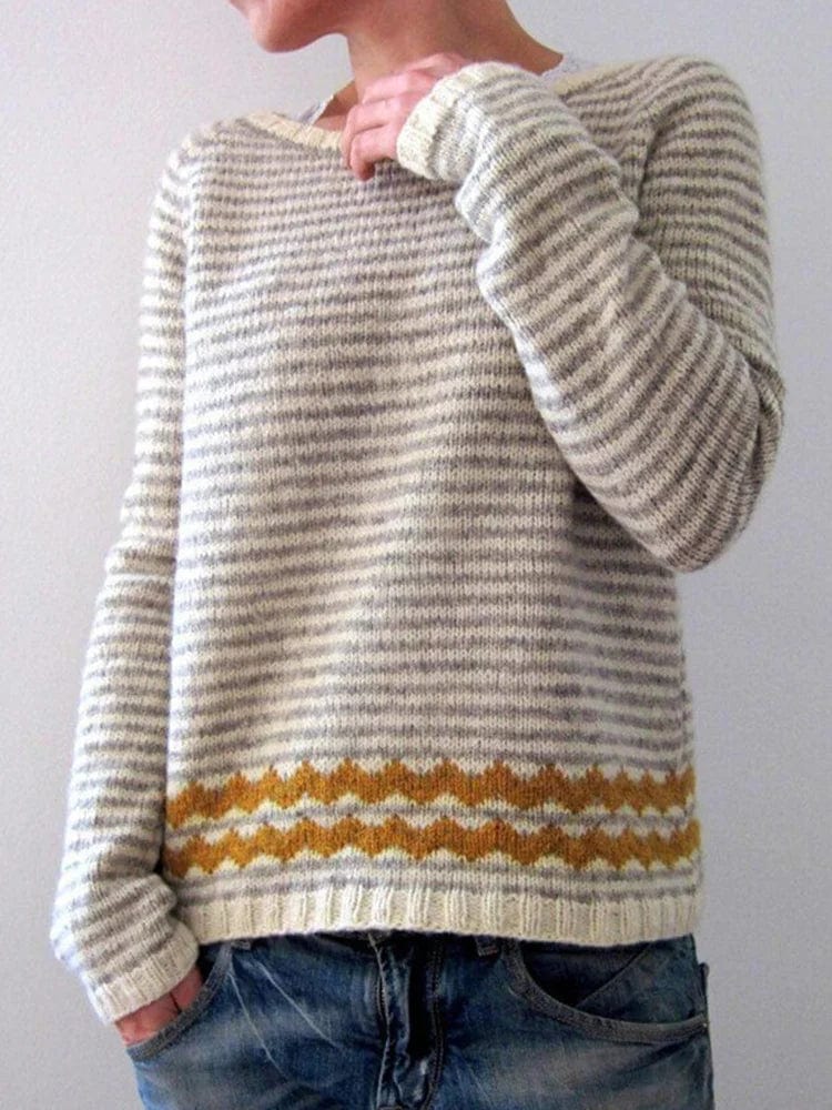 Stribet Vintage Jacquard Crew Neck Sweater med Colour Block esbjerg-modehus