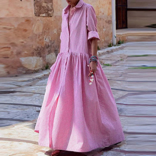 VERENA - Kariertes bedrucktes langes Kleid mit großem Saum esbjerg-modehus Dress